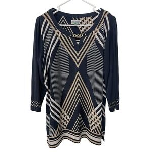 JM Collection Women's XL Blouse Blue Tan Rhinestone Studded Top Chain Accent